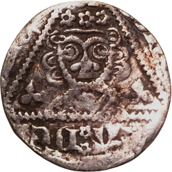 Willem I van den Bergh, denier type Dortmund met rijksappel, 's Heerenberg, z.j. ca 1365-1370