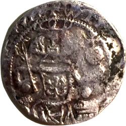 Willem I van den Bergh, denier type Dortmund met rijksappel, 's Heerenberg, z.j. ca 1365-1370